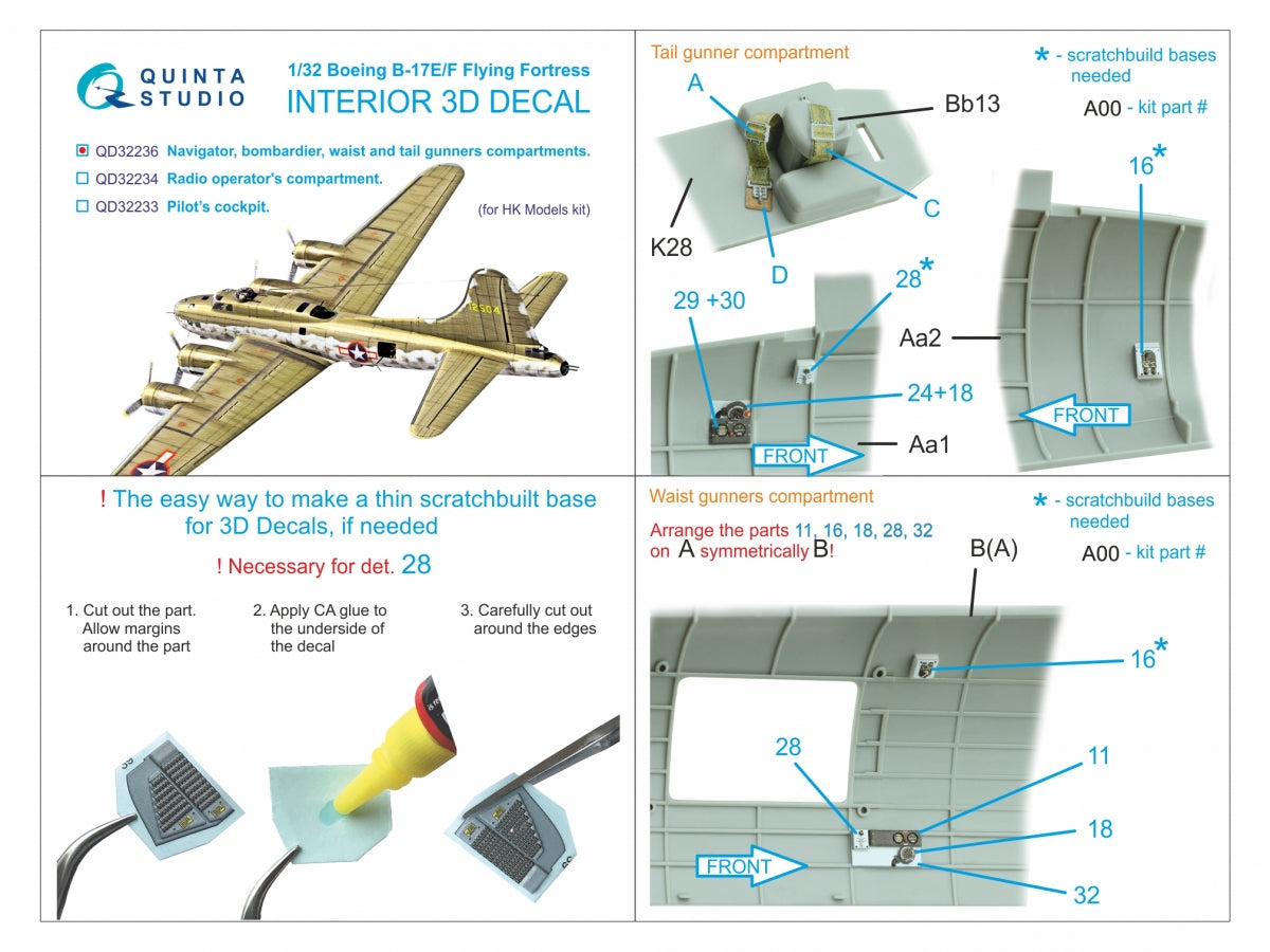 Maquette Quinta Studio QD32236 : compartiments du navigateur, du bombardier et des mitrailleurs latéraux et de queue du Boeing B-17E/F. Intérieur coloré imprimé en 3D (modèles HK) à l&amp;#39;échelle 1/32. – immagine 10