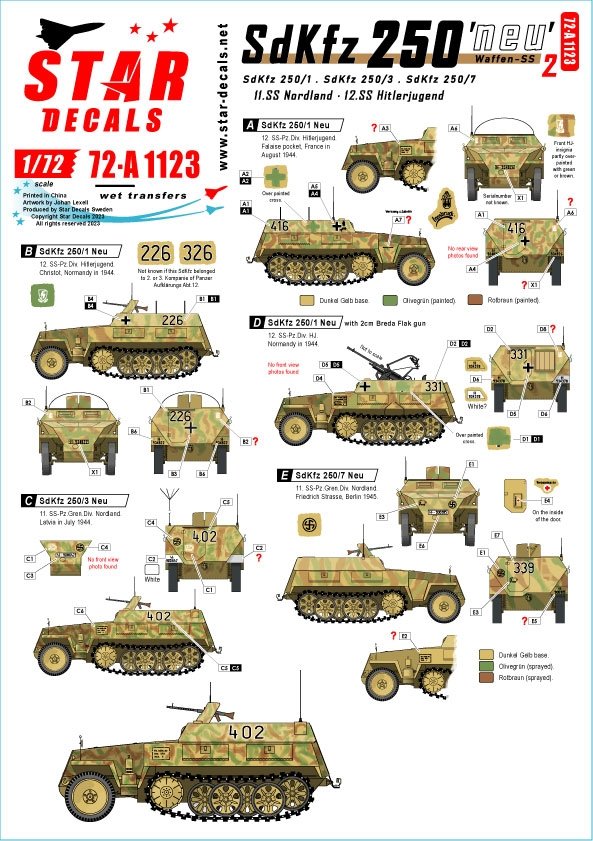 Star Decals 72-A1123 SdKfz 250 « neu » n° 2 SdKfz 250/1, SdKfz 250/3 et SdKfz 250/7 - Marquages ​​Waffen-SS 1/72