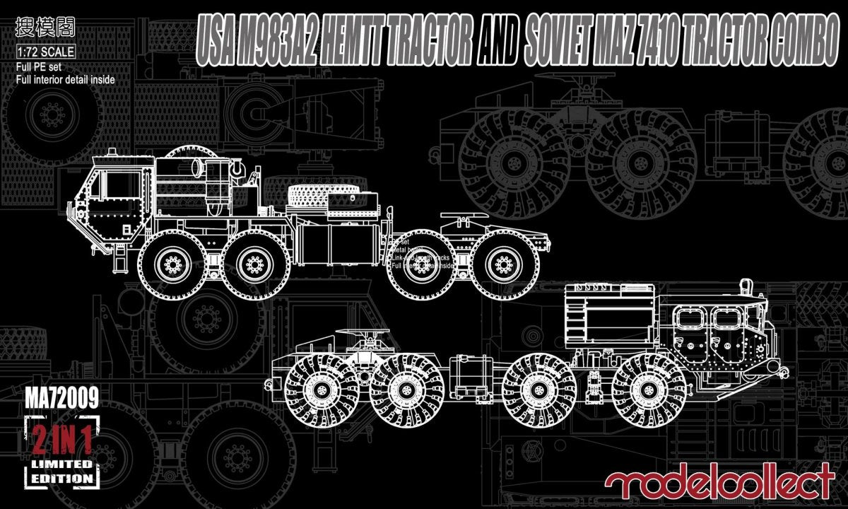 Ensemble de tracteurs Modelcollect MA72009 USA M983A2 HEMTT et soviétique MAZ 7410 à l'échelle 1/72