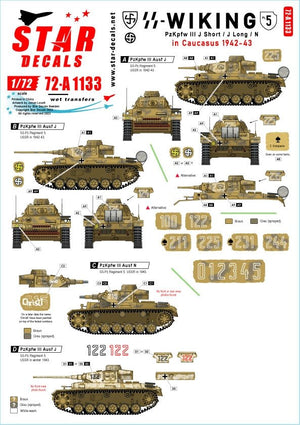 Star Decals 72-A1133 Wiking n° 5. 5. SS-Wiking dans le Caucase 1942-43. Pz III Ausf J canon court, Pz III Ausf J canon long et Pz III Ausf N. Échelle 1/72