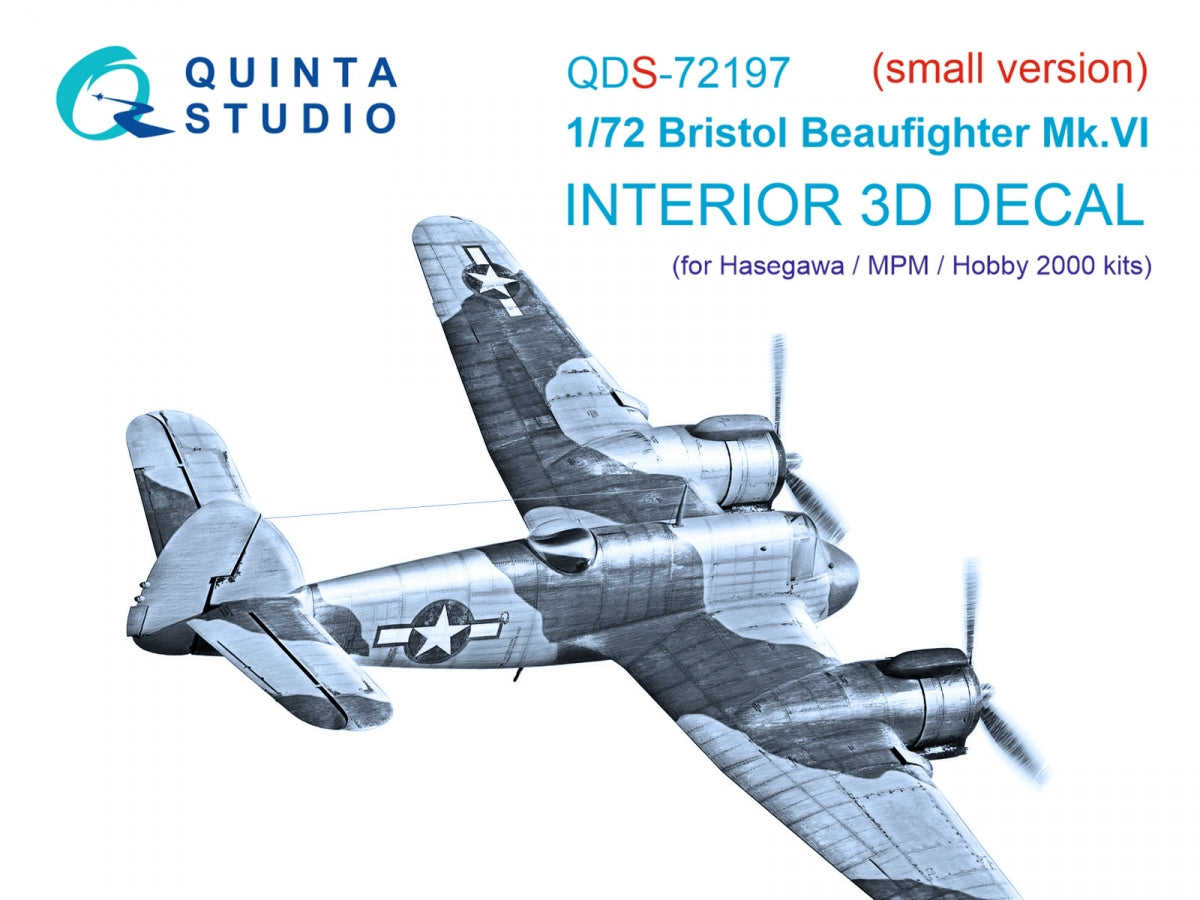 Intérieur imprimé en 3D et coloré sur papier décalcomanie Quinta Studio QDS-72197 Bristol Beaufighter Mk.VI (Hasegawa/MPM/Hobby2000) (petite version) 1/72