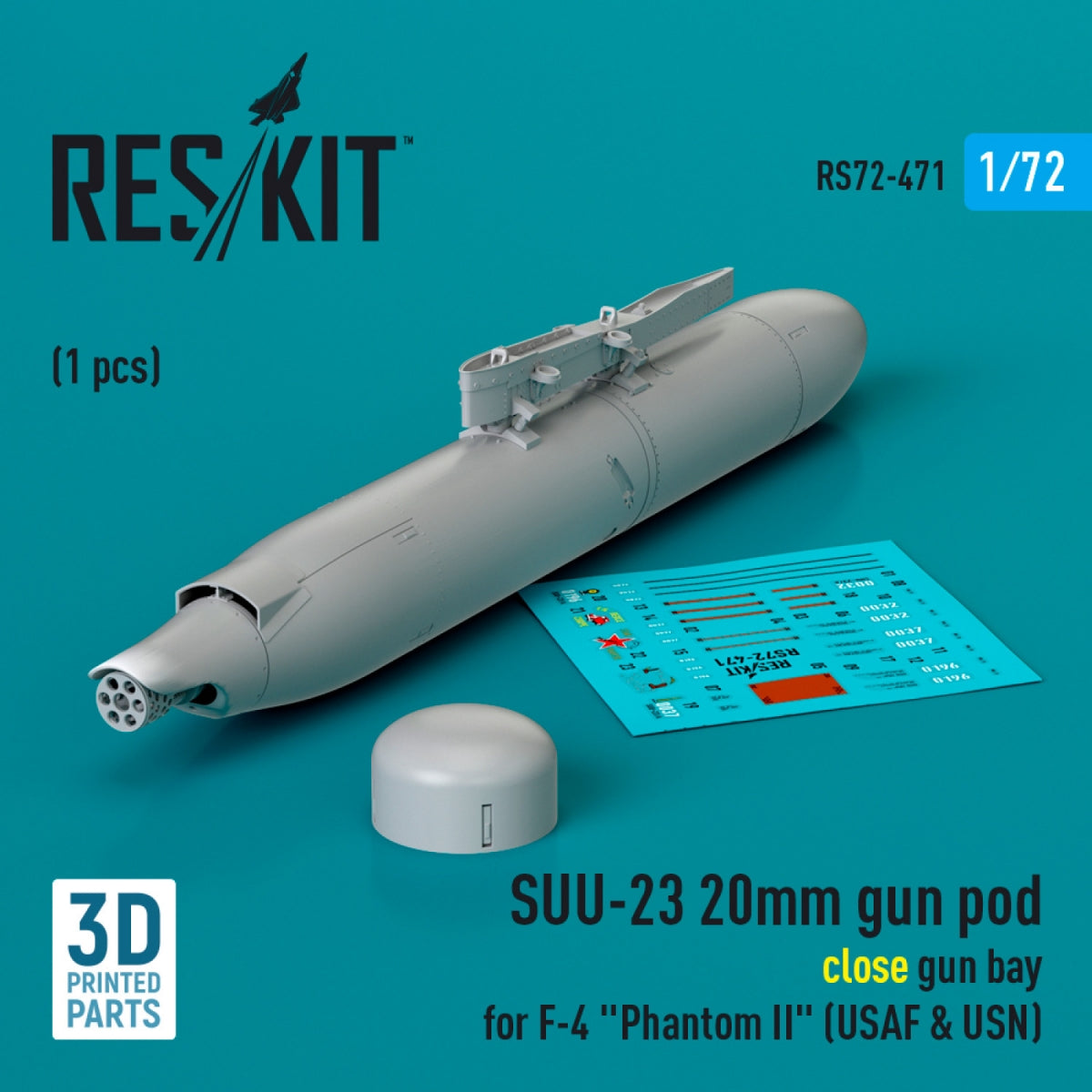 RESKIT RS72-0471 SUU-23 Nacelle de canon de 20 mm (baie fermée) pour F-4 « Phantom II » (USAF) (1 pièce) (Impression 3D) 1/72