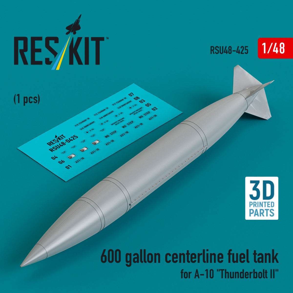 Réservoir de carburant central RESKIT RSU48-0425 de 600 gallons pour A-10 « Thunderbolt II » (1 pièce) (Impression 3D) 1/48