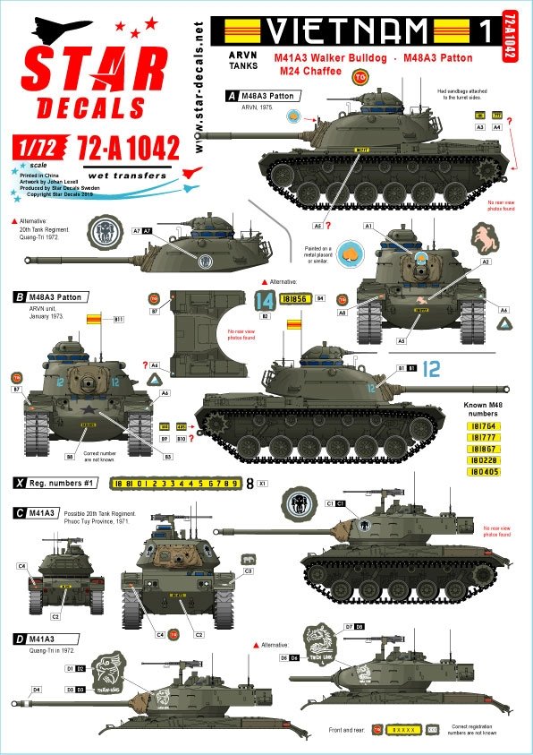 Star Decals 72-A1042 Vietnam 1. M24 Chaffee, M41 Walker Bulldog et M48A3 Patton dans l'armée sud-vietnamienne 1/72