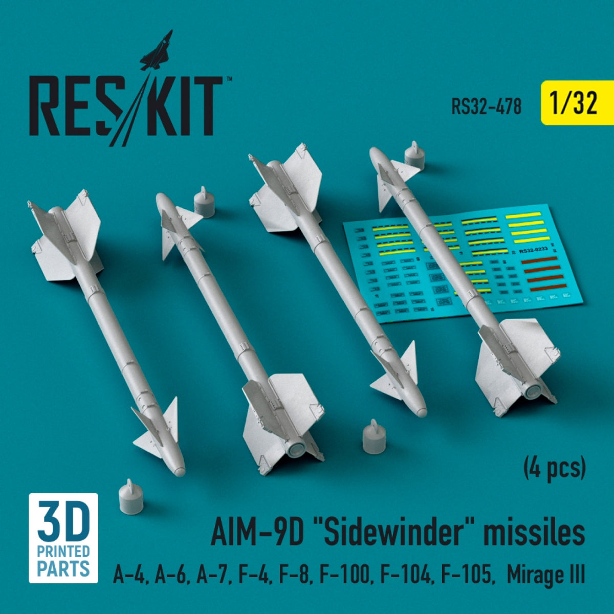 Missiles AIM-9D « Sidewinder » RESKIT RS32-0478 (4 pièces) (Impression 3D) 1/32