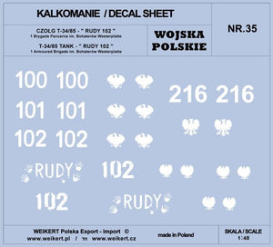 Décalcomanies Weikert DEC235 Armée polonaise - Chars T-34/85, Rudy 102 et autres / 1re et 2e armées polonaises 1/48