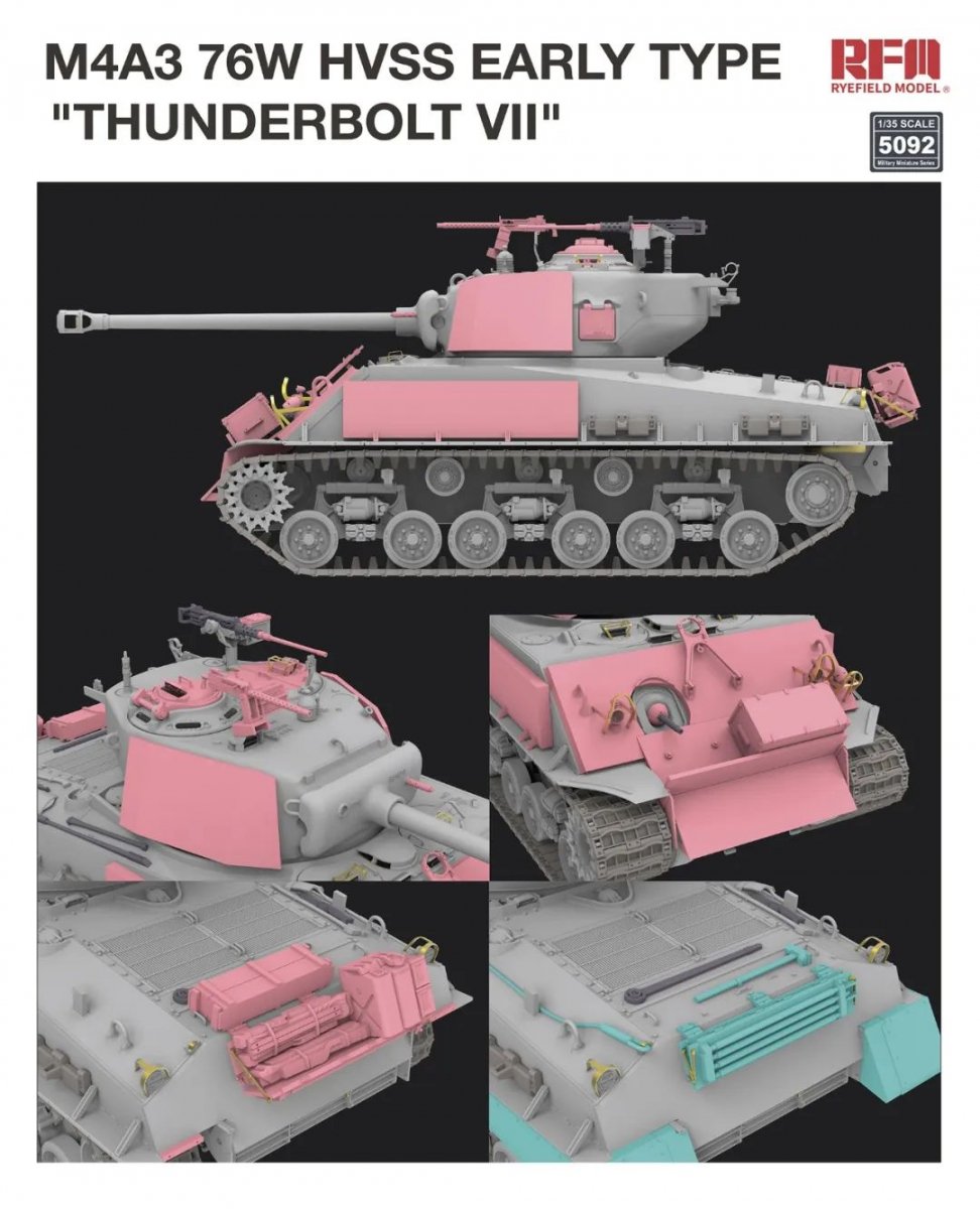Maquette Rye Field 5092 M4A3 76W HVSS Type précoce « Thunderbolt VII » 1/35 – Bild 2