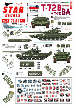 Star Decals 72-A1138 Guerre en Ukraine n° 8. T-72B russe (obr 1989) et T-72BA 1/72