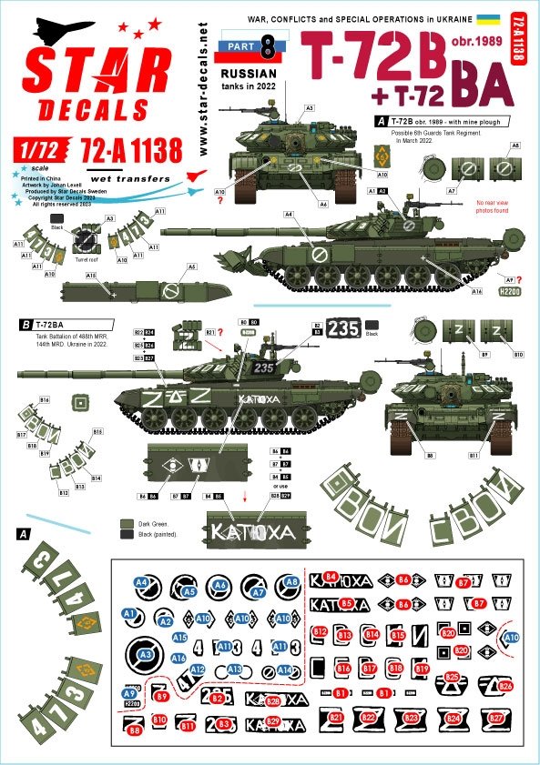Star Decals 72-A1138 Guerre en Ukraine n° 8. T-72B russe (obr 1989) et T-72BA 1/72