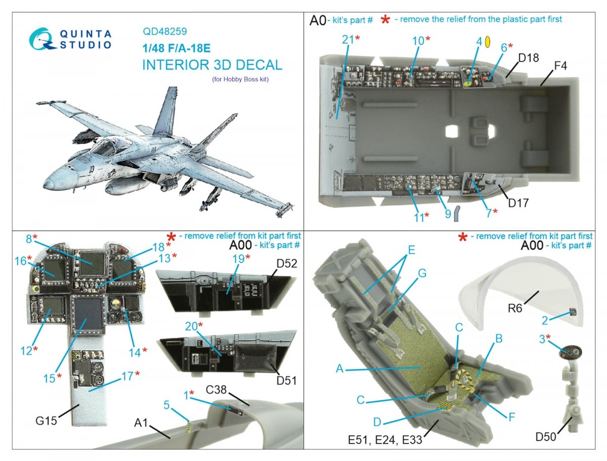 Intérieur imprimé en 3D et coloré sur papier décalcomanie Quinta Studio QD48259 F/A-18E (HobbyBoss) 1/48  – Bild 2