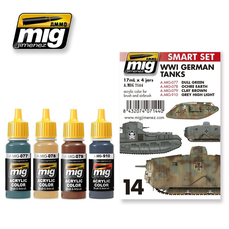 Munitions pour chars allemands Mig Jimenez 7144 de la Première Guerre mondiale : 4 cartouches de 17 ml