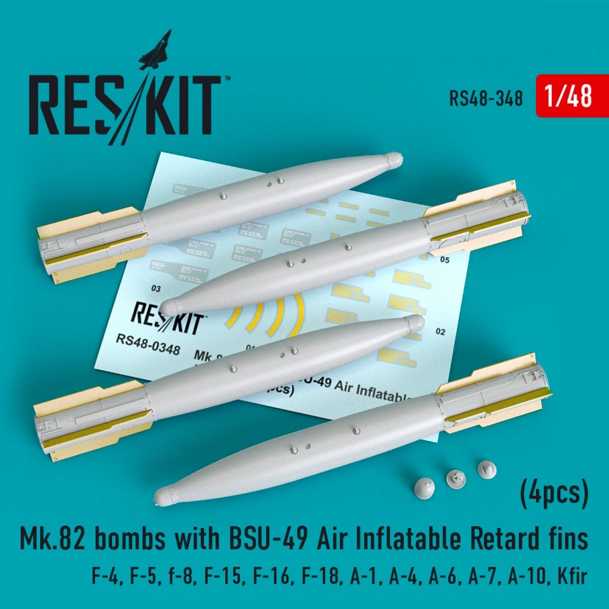 RESKIT RS48-0348 MK.82 BOMBES AVEC AILETTES DE RETENUE GONFLABLES BSU-49 (4 PIÈCES) 1/48