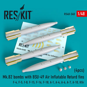 RESKIT RS48-0348 MK.82 BOMBES AVEC AILETTES DE RETENUE GONFLABLES BSU-49 (4 PIÈCES) 1/48