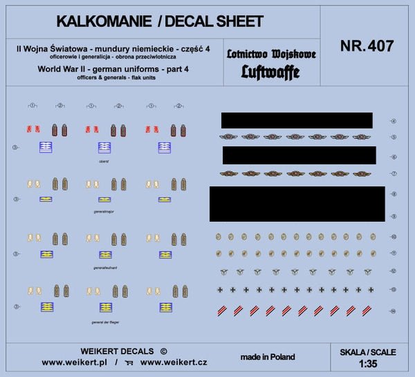 Weikert Decals DEC407 Uniformes allemands - Partie 4 - Luftwaffe - Défense anti-aérienne 1/35
