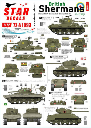 Star Decals 72-A1093 : Chars Sherman britanniques en Italie. Sherman Mk IIA (76 mm), Sherman Mk III, Sherman Mk III DD. Échelle 1/72.