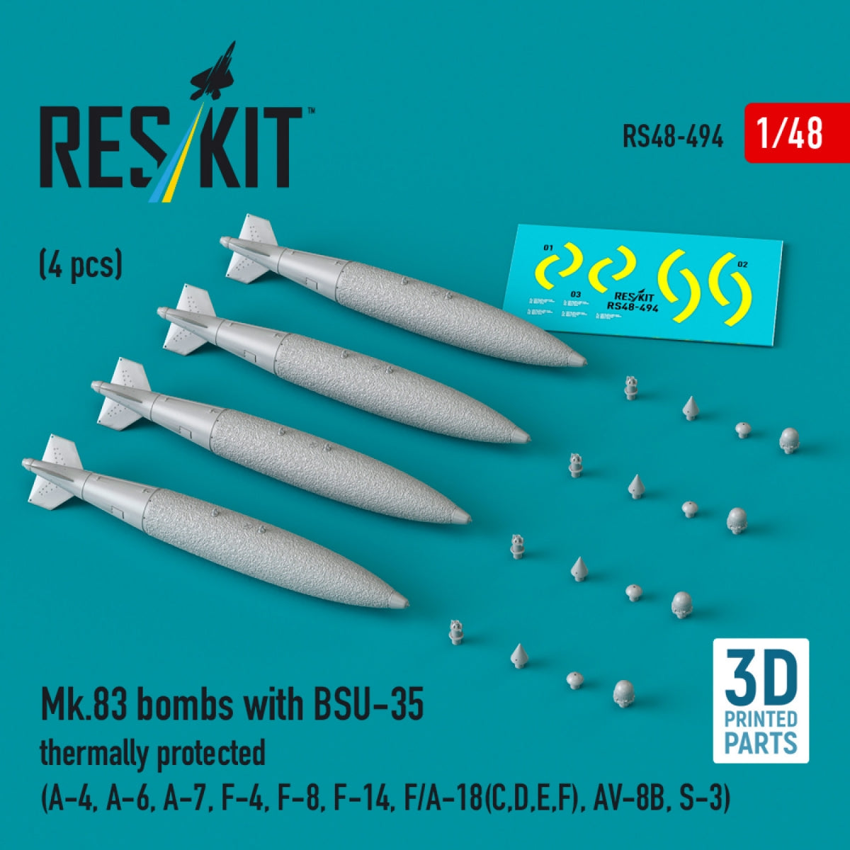 RESKIT RS48-0494 Bombes Mk.83 avec protection thermique BSU-35 (4 pièces) (impression 3D) 1/48 