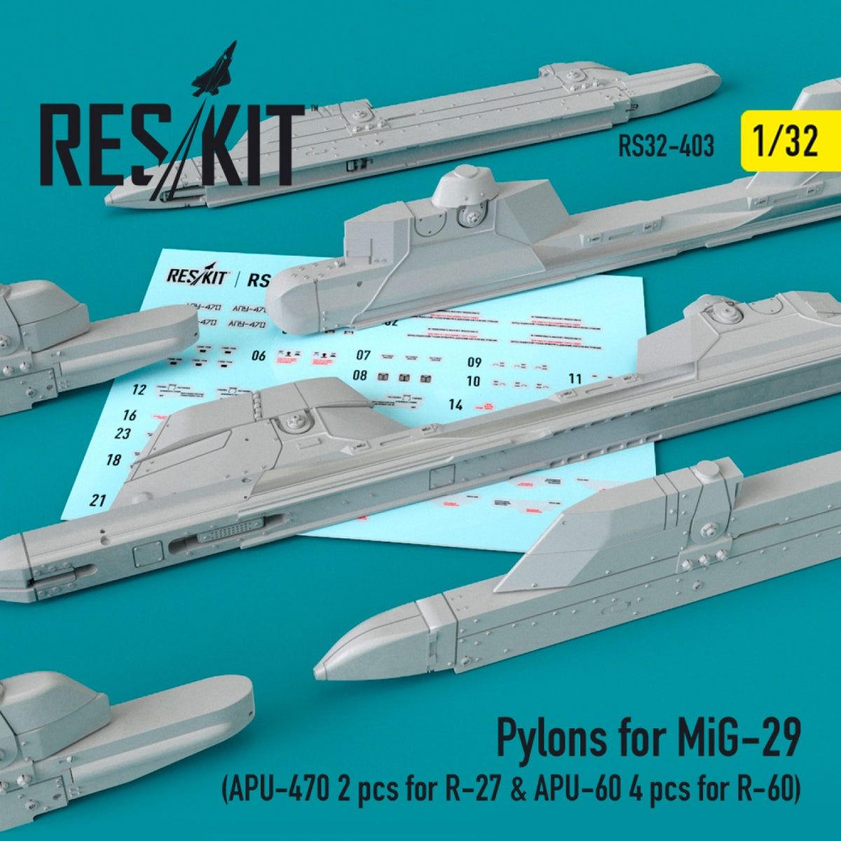 Pylônes RESKIT RS32-0403 pour MiG-29 (2 APU-470 pour R-27 et 4 APU-60 pour R-60) 1/32