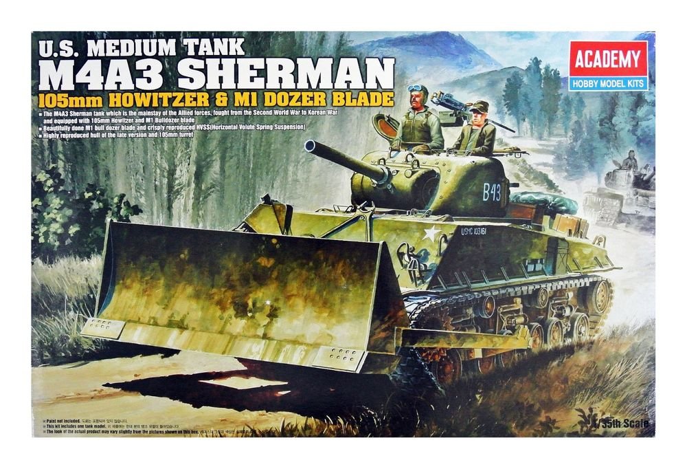 Maquette Academy 13207 M4A3 Sherman 105 mm avec lame de bulldozer M1, échelle 1/35