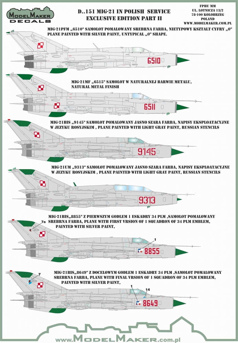 Décalcomanies ModelMaker D48151 MiG-21 en service polonais, édition exclusive, partie II, échelle 1/48 – image 2