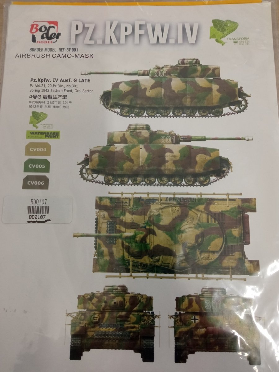 Masques de fin de production Border Model BD0107 Pz. Kpfw IV Ausf. G au 1/35