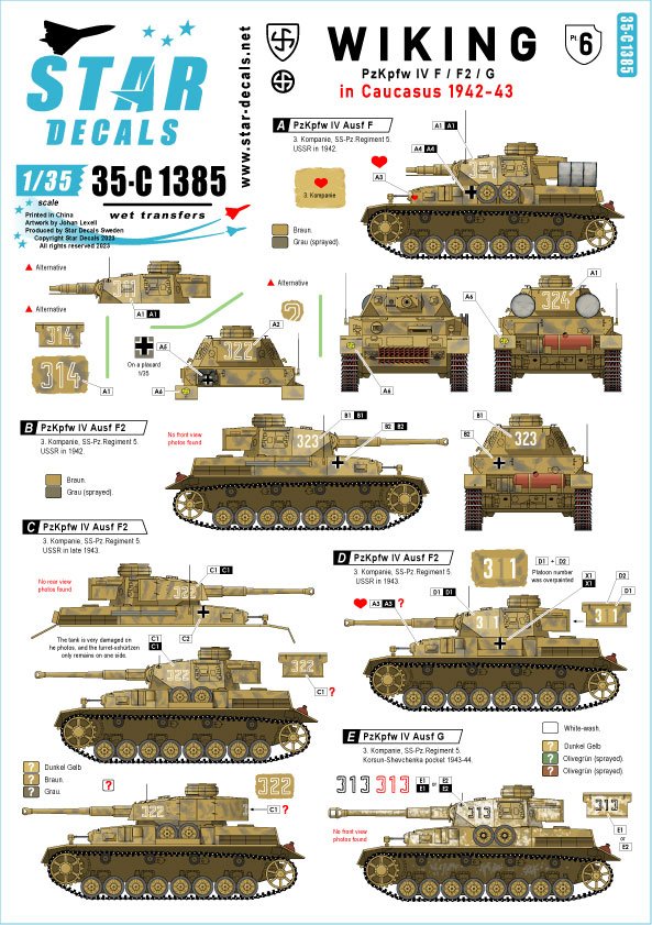 Star Decals 35-C1385 Wiking n° 6. 5. SS-Wiking dans le Caucase 1942-43. Pz IV Ausf F, Pz IV Ausf F2 et Pz IV Ausf G 1/35
