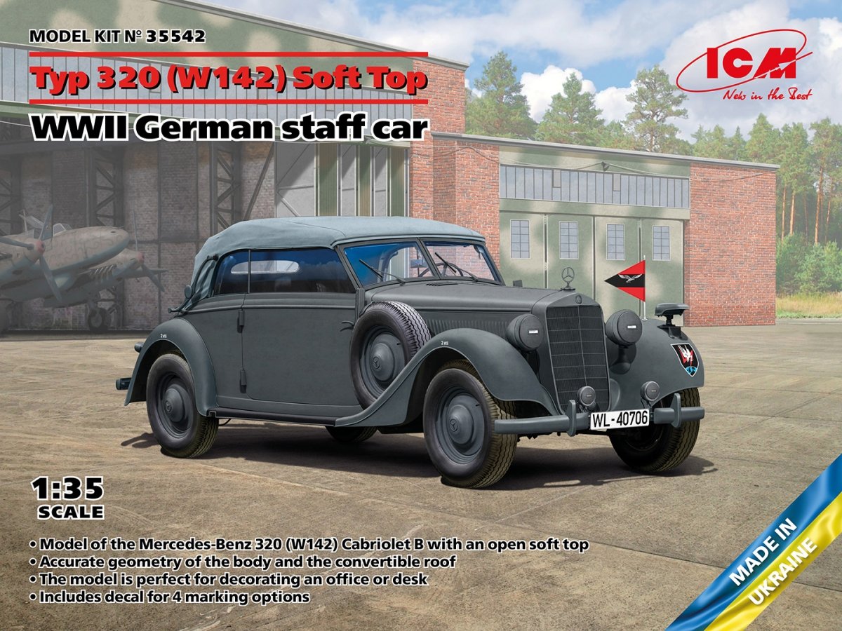 ICM 35542 Typ 320 (W142) Voiture d&amp;#39;état-major allemande décapotable de la Seconde Guerre mondiale, échelle 1/35