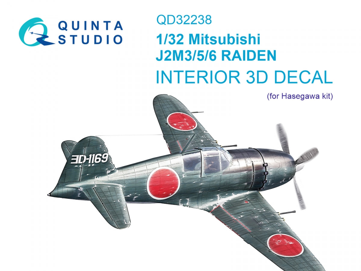 Quinta Studio QD32238 Mitsubishi J2M3/5/6 Raiden 3D-Printed colored Interior on decal paper (Hasegawa) 1/32