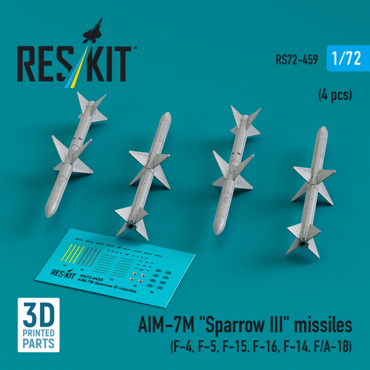 Missiles RESKIT RS72-0459 AIM-7M « Sparrow III » (4 pièces) (Impression 3D) 1/72