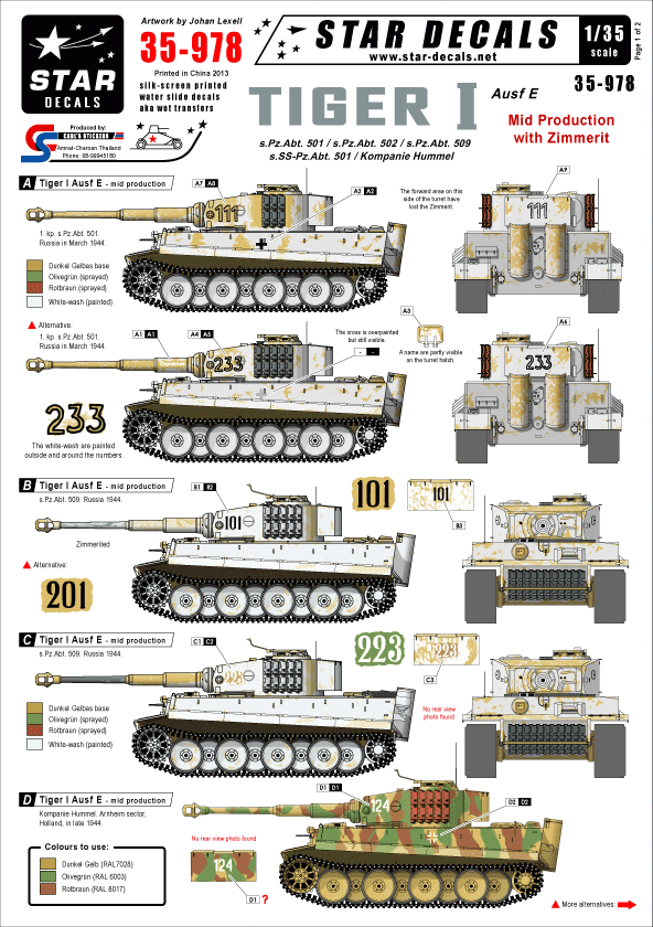 Star Decals 35-978 Tiger I Ausf E Production moyenne 1/35