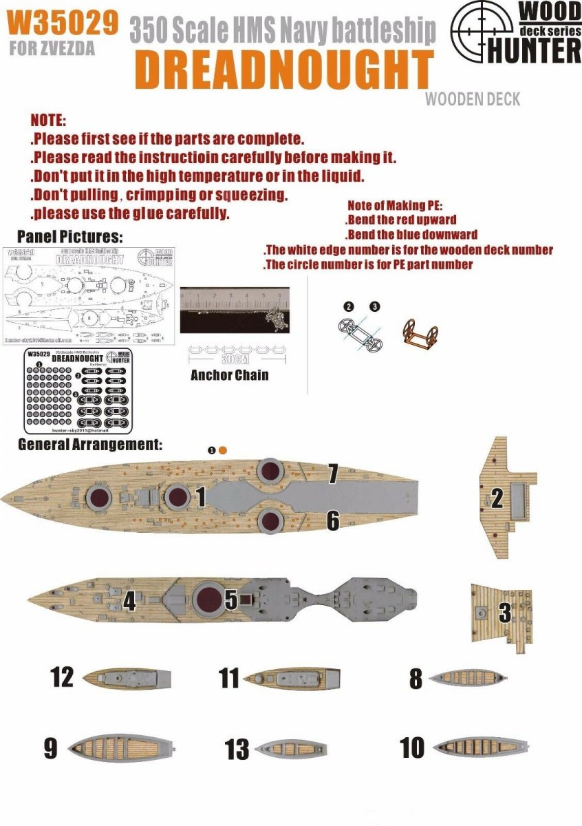 Wood Hunter W35029 Pont en bois du HMS Dreadnought pour Zvezda 1/350