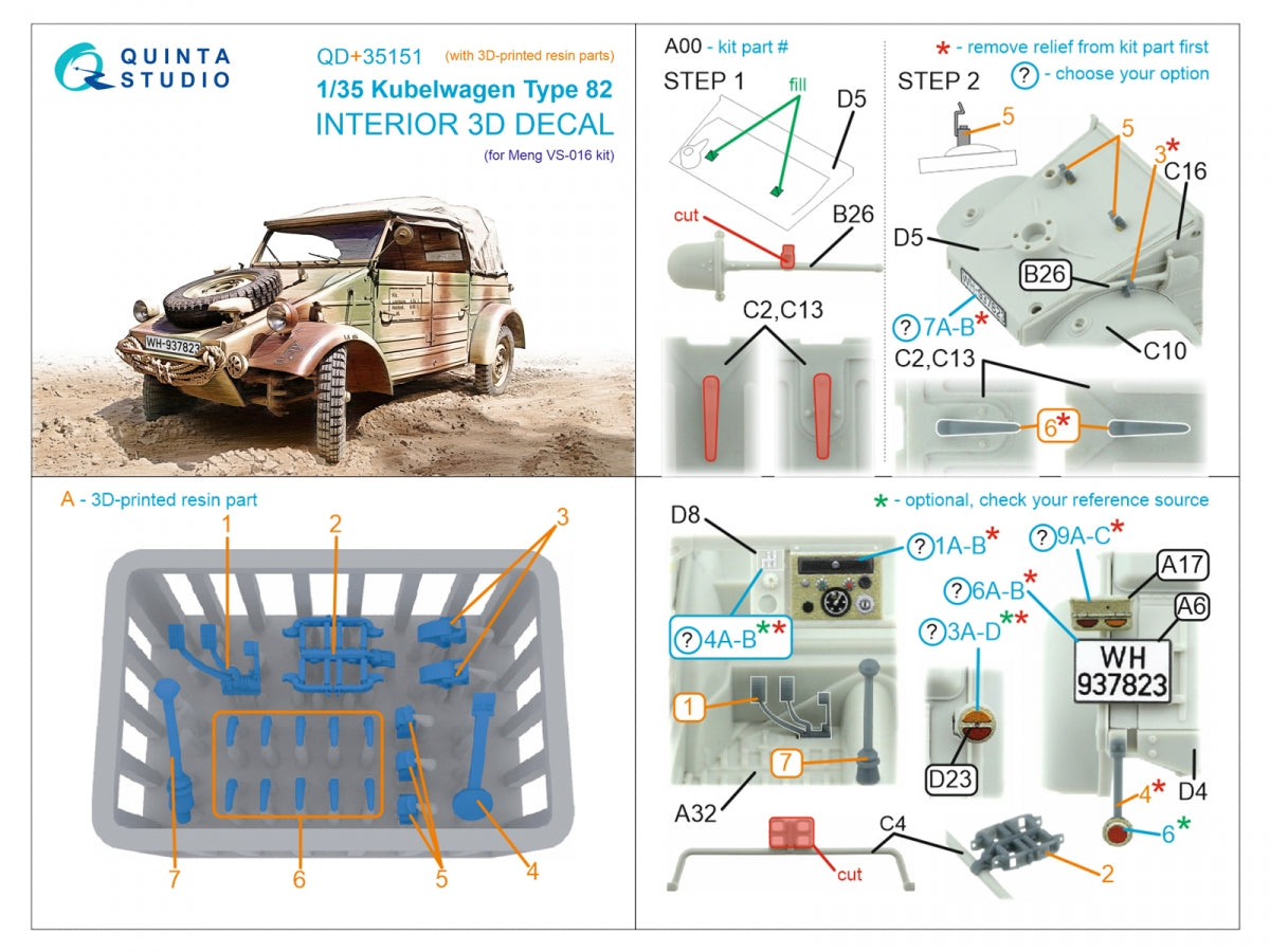 Intérieur imprimé en 3D et coloré sur papier décalcomanie (Meng VS-016) de la Kübelwagen Type 82 de Quinta Studio QD+35151 (avec pièces en résine imprimées en 3D) à l&amp;#39;échelle 1/35 – image 16