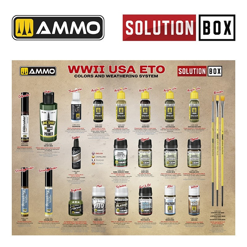 AMMO par Mig Jimenez 7728 SOLUTION BOX 22 – Seconde Guerre mondiale USA ETO. Système de couleurs et de vieillissement – image 3