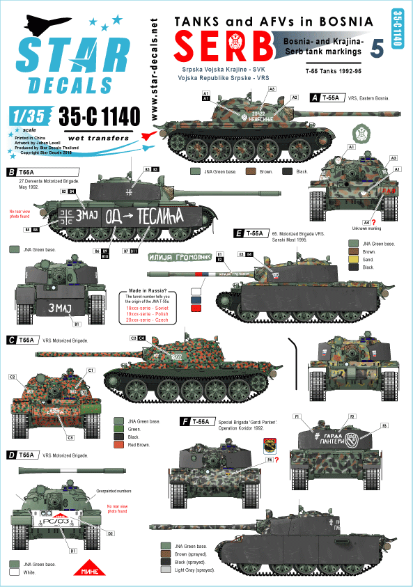 Star Decals 35-C1140 Chars T-55A serbes (SVK et VRS) en 1992-1995, échelle 1/35 