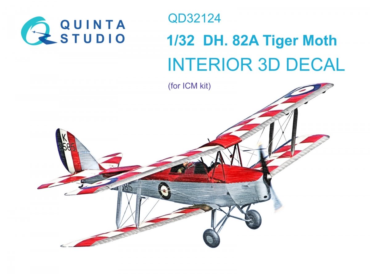 Intérieur imprimé en 3D et coloré sur papier décalcomanie (ICM) Quinta Studio QD32124 DH 82A Tiger Moth 1/32