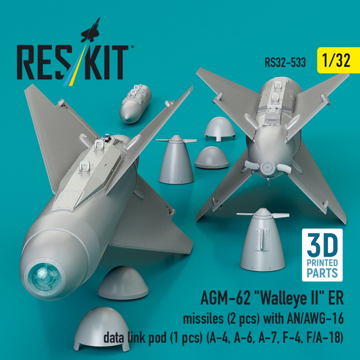 RESKIT RS32-0533 AGM-62 "Walleye II" ER missiles (2 pcs) with AN/AWG-16 data link pod (1 pcs) (A-4, A-6, A-7, F-4, F/A-18) (3D Printed) 1/32