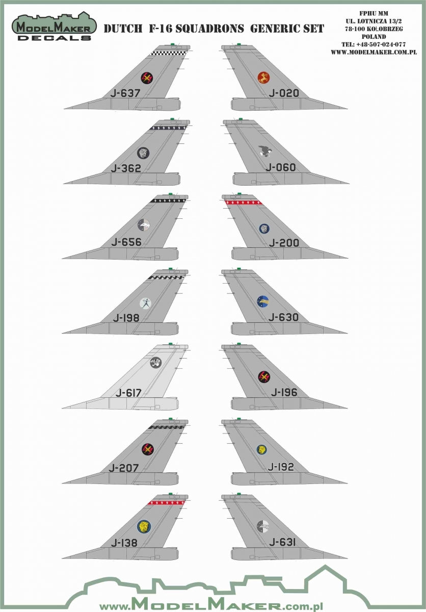 Décalcomanies ModelMaker D48164 Escadrons néerlandais de F-16 - set générique 1/48