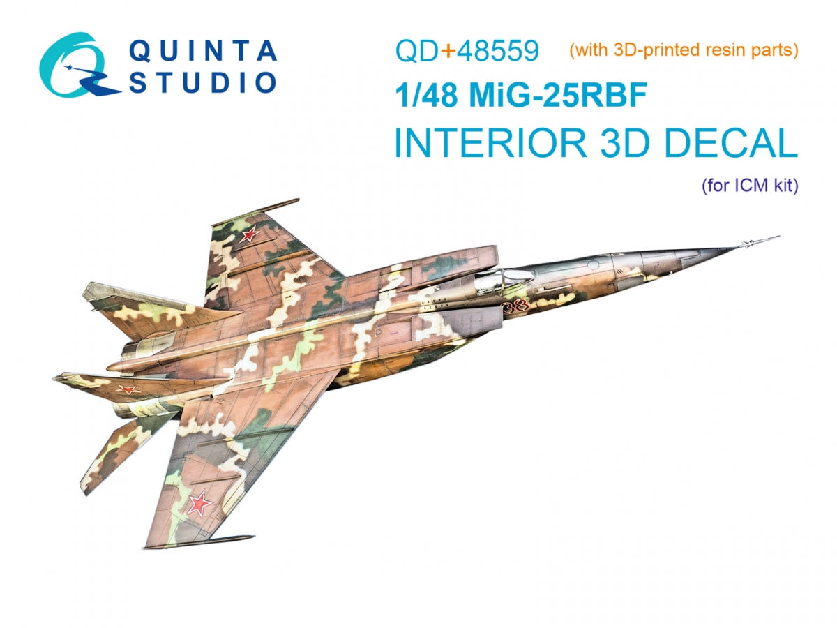 Intérieur imprimé en 3D et coloré sur papier décalcomanie (ICM) pour MiG-25RBF de Quinta Studio QD+48559 (avec pièces en résine imprimées en 3D) à l&amp;#39;échelle 1/48