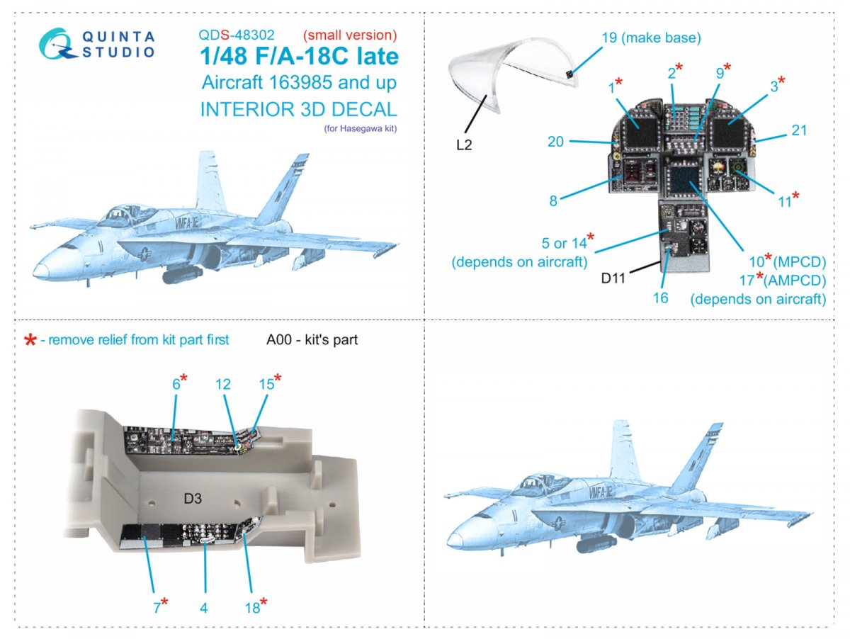 Quinta Studio QDS-48302 F/A-18C late 3D-Printed &amp;amp; coloured Interior on decal paper (Hasegawa) (Small version) 1/48 – zdjęcie 2