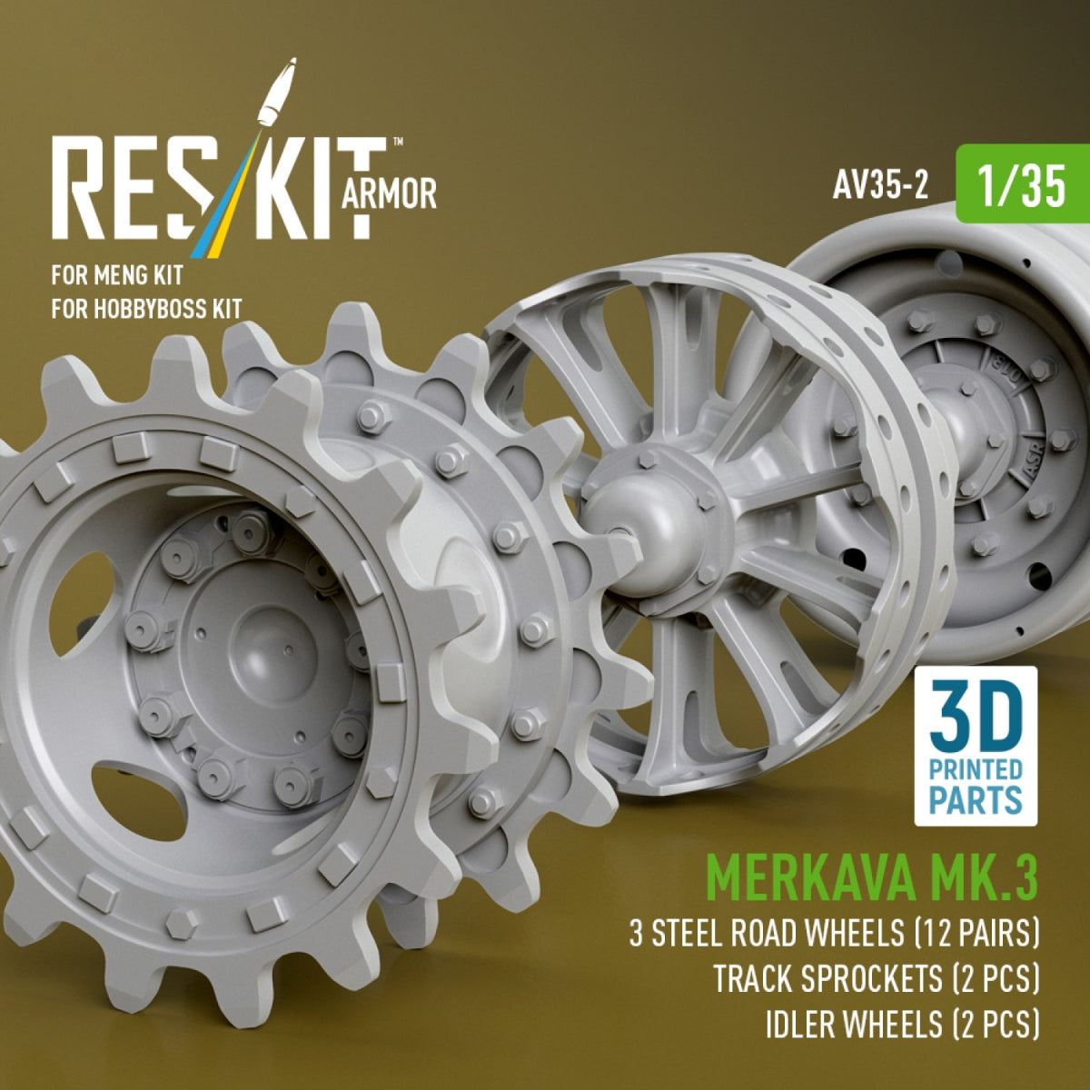 RESKIT AV35-0002 Merkava Mk.3 steel road wheels (12 pairs), track sprockets (2 pcs), idler wheels (2 pcs) for Meng/HobbyBoss kit (3D Printed) 1/35