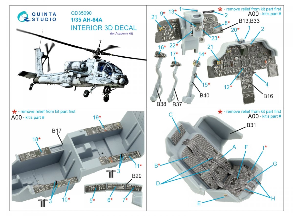 Intérieur imprimé en 3D et coloré sur papier décalcomanie Quinta Studio QD35090 AH-64A (Academy) 1/35 – image 2