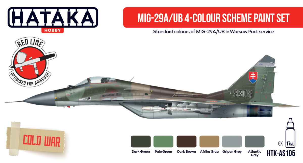 Hataka Hobby HTK-AS105 MiG-29A/UB "Fulcrum-A/B" 4-color scheme paint set (6x17ml)