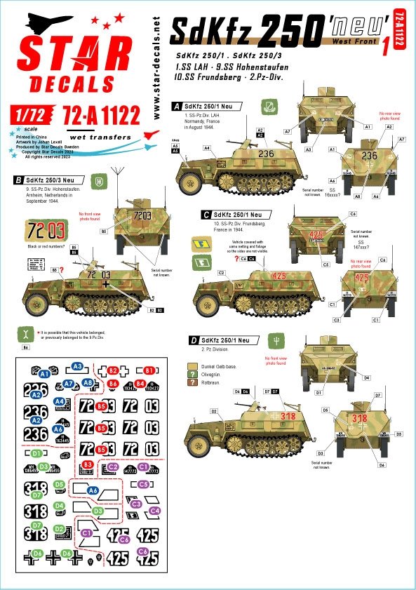 Star Decals 72-A1122 SdKfz 250 « neu » n° 1 SdKfz 250/1 et SdKfz 250/3 sur le front ouest 1/72