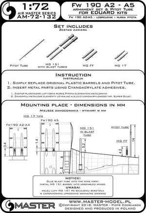 Master AM-72-132 Fw 190 A2 - A5 ensemble d&amp;#39;armement (embouts MG 17, canons MG FF, canons MG 151) et tube pitot (pour modèles Eduard) (1/72) – Bild 3