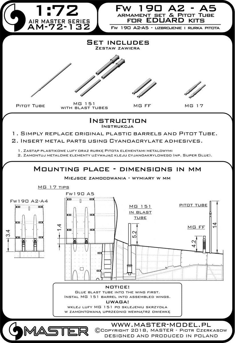 Master AM-72-132 Fw 190 A2 - A5 ensemble d&amp;#39;armement (embouts MG 17, canons MG FF, canons MG 151) et tube pitot (pour modèles Eduard) (1/72) – Bild 3