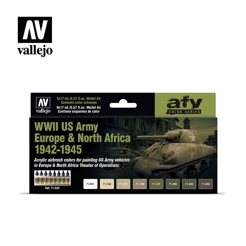 Vallejo 71625 Seconde Guerre mondiale, armée américaine, Europe et Afrique du Nord, 1942-1945, 8 x 17 ml 