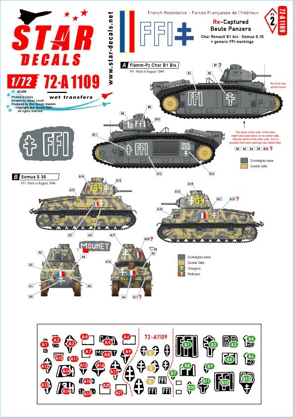 Décalcomanies étoiles 72-A1109 FFI #2. Beute-Panzers repris. Résistance française - Forces Françaises de l&amp;#39;Intérieur 1/72