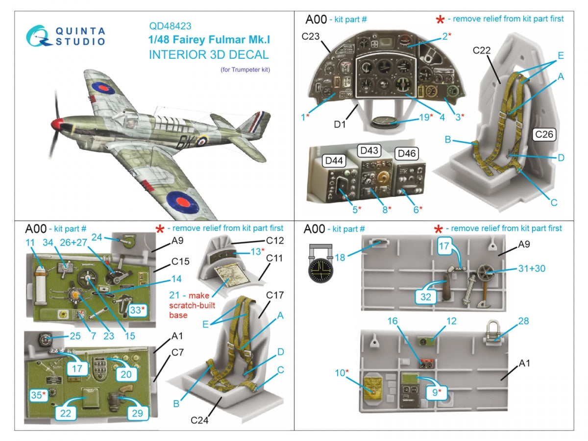 Intérieur imprimé en 3D et coloré sur papier décalcomanie Quinta Studio QD48423 Fairey Fulmar Mk.I (Trumpeter) 1/48 – image 2