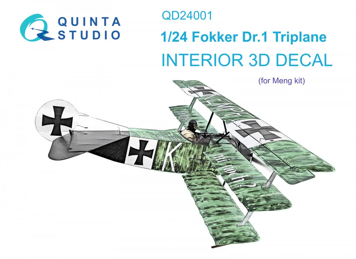 Intérieur imprimé en 3D et coloré sur papier décalcomanie Quinta Studio QD24001 Fokker Dr.1 (Meng) 1/24