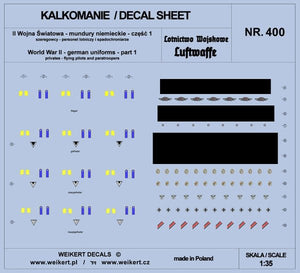 Weikert Decals DEC400 Uniformes allemands - Partie 1 - Luftwaffe - Personnel de l&amp;#39;Armée de l&amp;#39;Air et Parachutistes 1/35