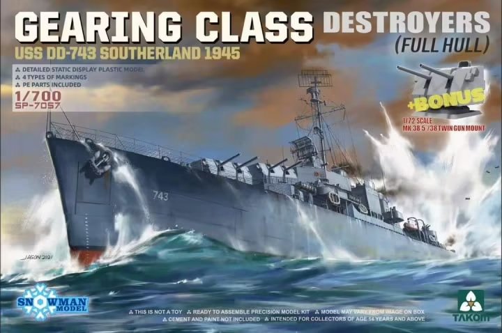 Maquette Takom SP-7057 du destroyer de classe Gearing USS DD-743 Southerland 1945 avec affût double Mk.38 5"/38 à l'échelle 1/72 et 1/700